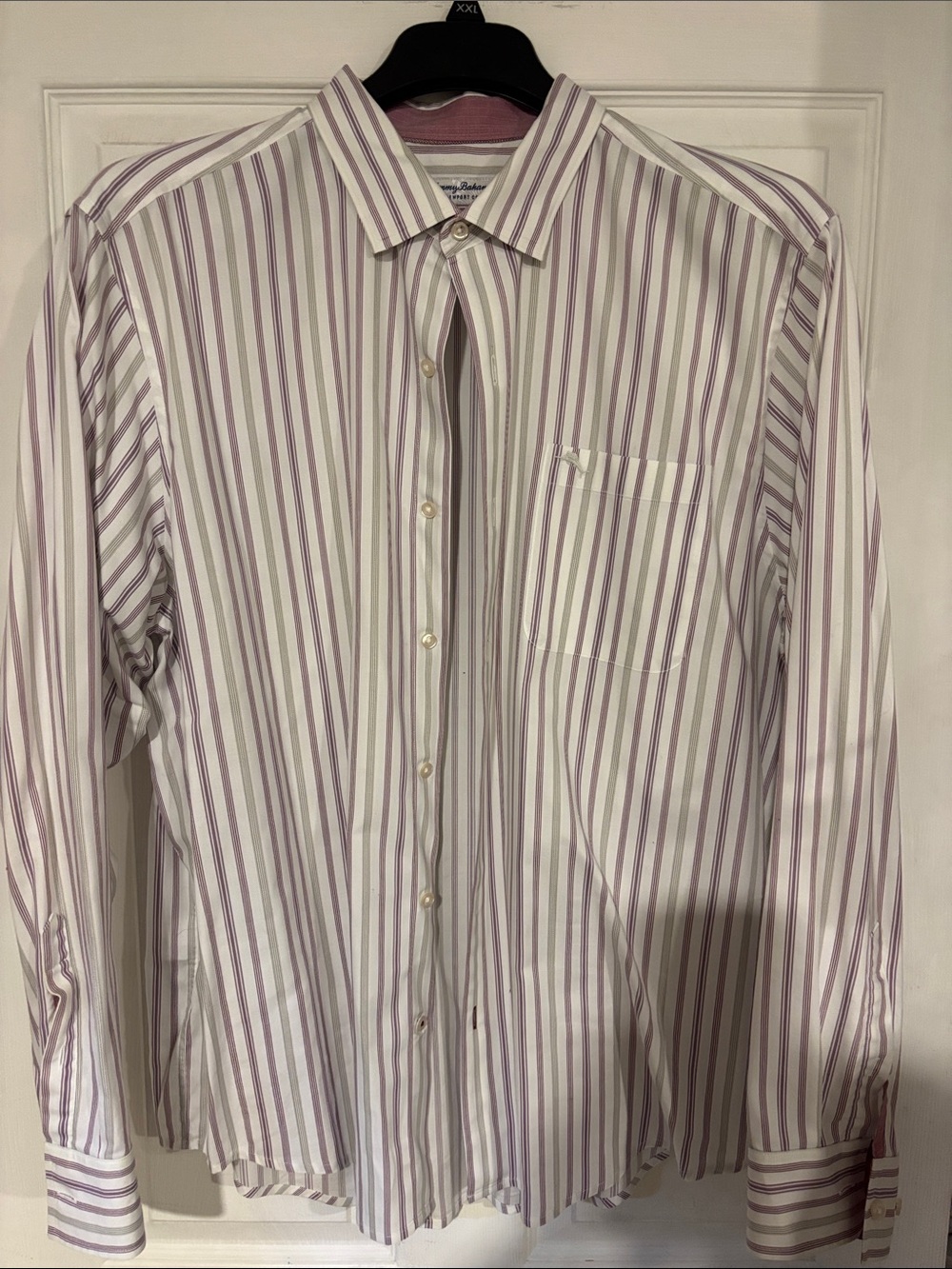 Tommy Bahama White Dress Shirt with Lavender and Light Gray Stripes